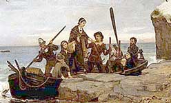 Old picture of pilgrim settlers arriving by boat