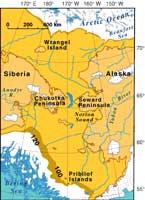 Map showing Alaska and Siberia joined by the Bering Land Bridge