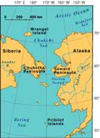 Map showing Alaska and Siberia separated by sea