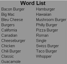 Word List Burger Word Search Puzzle